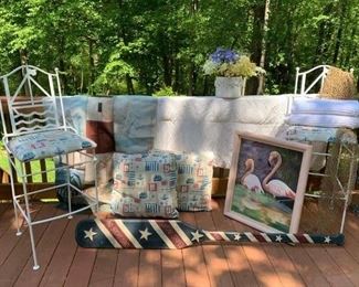 Pr.  Nautical Pillows $12 ; Patriot Paddle $20 ; Pr. New Charisma King Towels $12 ; Genuine Fishing Net $10 ; White Planter w Flowers $15 ; Lighthouse Flag $8 ; Duvet 84' x 76' (small stains) $20