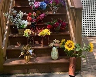 Hanging Basket & Sunflowers $6 ; Dutch Vase w Sunflowers $18 ; Brass Planter w Feathers & Fauna $14 ; Ceramic Cache Pots & Flowers $14 ; Red Vase w Flowers $6 ; Flower Arrangement $14 ; Large Cache Pot & Flowers $40 ; Tulipiere & Flowers $ 12