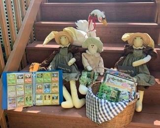 Soft Swan $10 ; Garden Bunnies $15 ea. ; Bunny in  Jacket $9 ; Basket of Children's Books $15