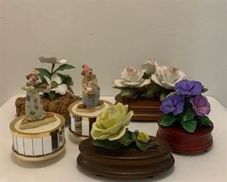 3 Roses Music Box Co. $24 ; Pair Ceramic Clowns (Taiwan) on Musical Rotating Pedestals $20 ; Violets Music Box Co $8 ; Yellow Rose Music Box Co. $10