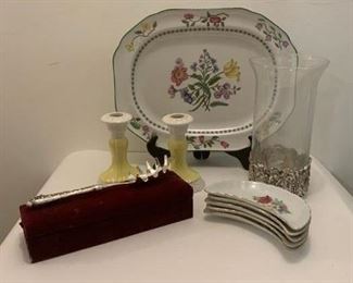Spode Platter $22 ; Pr. Vintage Italian C/S $14 ; Pewter & Glass Hurricane $14 ; S/P Serving Pc w Box $10 ; S/5 Fishbone Plates $ 15