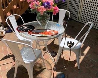 4 French Metal Cafe Chairs & Vintage 30 3/4" Dia. Table $225 ; S/3 Tall Votive Holders $18 ; Vase w Seaglass & Flowers $40 ; Lobster Platter $12 ; Deviled Egg Plate $8 (have 3, boxed!) 