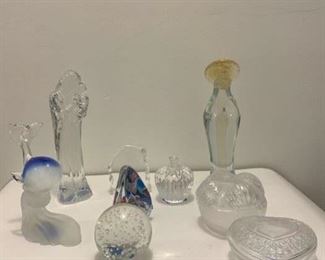 Baccarat Madonna & Child $40 ; Etched Crystal Pc. w Passage $4; Crystal Apple $12 ;  Artglass Madonna $20 ; Artglass Whale $14 ; Artglass signed Paperweight $12 ; Artglass Sphere Paperweight $8 ; 2 Glass Boxes $12