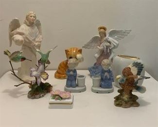 Ceramic Angel (unmarked) $14 ;  Goebel Kitten $15 ;  Enesco Angel , Musical Amazing Grace $25 ;  Mauruni Hummingbirds $16 ;  Porcelain  Praying children candlesticks  (Japan) $10 ; Lenox "Virginia Rose" Box $14 ; Porcelain Vase (Japanese) $10 ; Porcelain Eagle (Japan) $10 