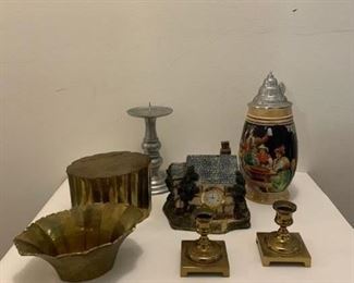 Pewter Colored Candlestick $5 ; Brass Tea Caddy $8 ; Tudor Cottage Clock $15 ; Stein $20 ; Brass Bowl $12; Pr. Brass Candlesticks $12