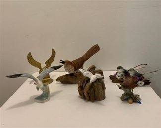 Brass Eagle $10 ; Signed Carved Bird $25 ; 2 Birds on Driftwood $12 ; Goebel Seagull (loss to beak) $6 ; Seagull on Driftwood $12 ; Ceramic Sparrow (chip to beak) $10