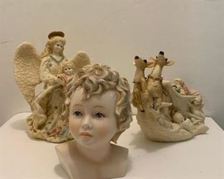 Angel & Child (American) $12 ; United Design Santa & Sleigh w Cupids $12 ; Mexican Ceramic Bust of Child $12