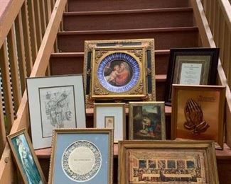 Framed Porcelain Plate Madonna & Child $165 ; Christian Businessman's Pledge $28 ; Numbered Etching of Market Scene $30 ; Cupid & Doves Print $25 ; Vintage Italian Madonna & Child Plague $20 ; Serenity Prayer Bas Relief $20 ; Mother & Child Print $15 ; Footprint $18 ; Vintage Italian Last Supper Plague $20