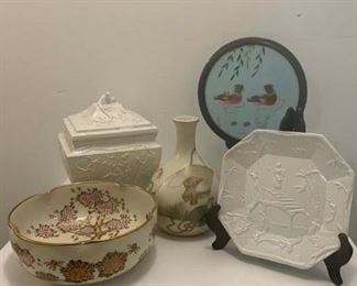 Japanese Decorated Bowl $14 ; Italian Porcelian Lidded Urn $18 ; Japanese Vase $8 ; Chinese Stitch work Screen $28 ; Italian Porcelain Plate $5