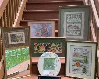 Tulip Needlepoint $30 ; Sampler $40 ; Trumeau Mirror $30 ; Hand painted Mirror $15 ; Seasons Stitch work $40 ; Peace Sampler $35 ; 1968 Needlepoint $25 ; Papillon Stitch work $15 