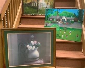Original Oil Painting of Home $40 ; Original Oil Painting Tudor House & Figures $40 ; Photo of Jug & Flowers $40