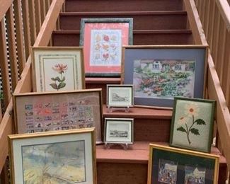 Rose Cross Stitch $50 ; Robert Grace Flower Print $25 ; Pr. Ethan Allen European City Prints $20 ; Partially completed Stitch work Cottage $20 ; Needlepoint Daisy $12 ; Signed George Debo Painting $40 ; Washington Fat Cats Framed Prints by E McAffee $25  