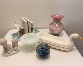 Japanese Seagull Bookends $15; Rueven Artglass Vase $24; Jonathan Winter Figurine $10; Milk Glass Compote $10; Artglass paperweight, signed $25;  Geese Serving Tray $8