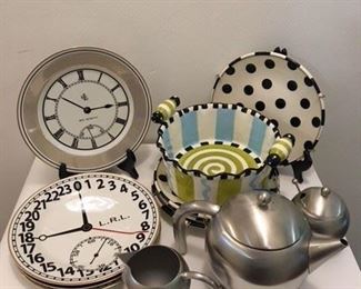 S/4 Ralph Lauren clock plates $20; 4 Mudd Pie Plates w Baking Dish $26; 3 Pc Stainless Steel Avante Gard Tea Service $35
