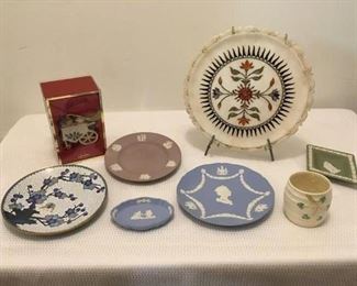 Boxed Lenox Christmas ornament $8 ; Lavender Wedgwood Jasperware Plate $10 ; Resin Stone Inlaid Plate $10 ; Chinese Enamel Dish $10 ; Oval Wedgwood Jasperware Dish $6 ; Wedgwood Jasperware Commemorative Plate $25 ; Belleek Pot $6 ; Wedgwood Jasperware Diamond Tray $6