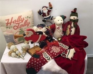 Christmas Lot 1 Including: Two Stockings, Jingle Bells, Three Dolls, Gift Sack, Pillow, Ornaments ($55)