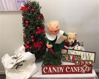 Christmas Lot 2 Including: Decorated Topiary Apron, 2 Signs, Teddy Bear, Annalle Doll, 2 Boxes of Wooden Decorations ($55) 