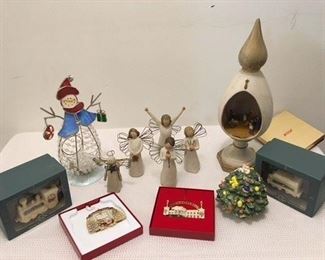 Christmas Lot 3 Including: 2 Boxed Lenox Ornaments, 4 Willow Tree Figurines, 2 White House Christmas Ornaments, Snowman, Christmas Tree Box, Nativity Scene in Ceramic Finial ($50)