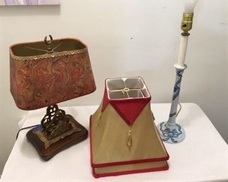 Pr. of Square Shades, mint condition ($24) ; Handpainted Candlestick Lamp ($10)
