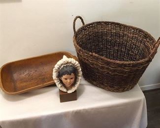 Wooden Trough Bowl $40 ; Cybis Bust of Boy $80 ; Oval Handle Basket $10