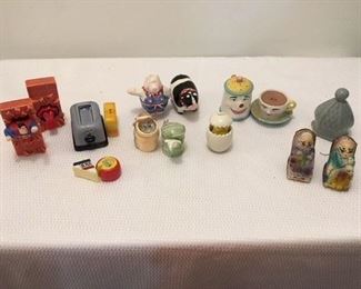 Seven Prs. of Salt and Pepper Shakes plus One Egg shaker that is both S & P, Together w Ceramic Finial ($65) 