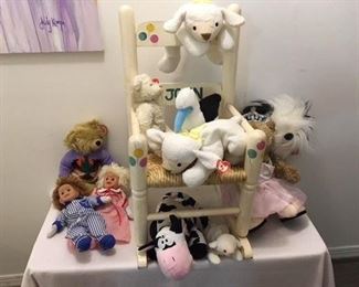 Hand painted Child's Rocker ($12) ; 11 Stuffed Animals  ($15)