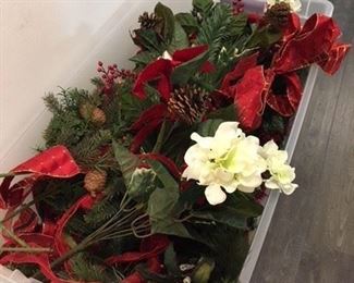Large Bin of Nearly New Winter Decorations (Red Ribbon White Flower) Including : Sprays, Springs, Candle Rings, and Garland $40