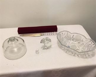 Mikasa Cake Knife, boxed $8 ; Cheese Dome $14 ; Swarovski Bunny (needs repair, but not broken) $5 ; Cut Crystal Oval Bowl $8