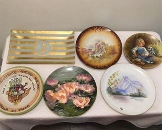 J plate $5 ; French Transferware Plate w Castle $8 ; Reco Boy Plate $5 ; Italian Restaurant Plate $12 ; Royal Doulten $12 ; Japanese Scenic Plate $8