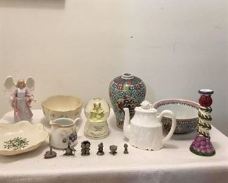 HMK Angel w loss $6; Lenox Lobed Bowl $18 ; Music Box Snow globe $6 ; Hong Kong Painted Vase & Bowl (two pieces) $30 ; Lenox Holly Bowl $14 ; German Pitcher $5 ; Lenox Tea Pot $16 ; Candlestick $3 ; S/6 Pewter miniatures $24 