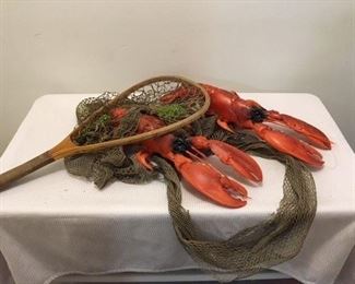 Antique Fishing Net w 2 Plastic Lobsters and Miscellaneous Net $40 