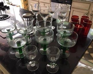 Lot of Bar Ware Including: 5 Wine Stems; 7 Margarita Glasses (one w chipped foot); 4 Cordials; Lidded Green Mill Gardens Stein and 5 Ruby Red Tumblers. $30
