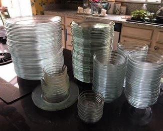 KIG 40 Glass Bowls w 6 Matching Ramekins $80; 9 Ruffled Pyrex Ramekins w Three Etched Glass Luncheon Plates $15