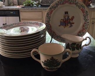 Set of 12 Portuguese Christmas plates with English Holly Pitcher and Baby Spode Christmas Tree Cup $38