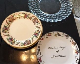 Fun Bubble Glass Round Platter $12; Set of 4 Lenox Fruit and Ribbon Holiday Plates $20; Twelve Days Plate $8