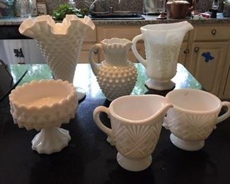 White Hobnail Vase and Pitcher $24; Pressed White Glass Pitcher $12; White Glass Pedestal Compote $10; White Glass Creamer and Sugar $16