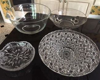 Large Glass Bowl (small chips) $8 ; Bubble Serving Bowl $14; Cut Crystal and Etched Bowl $14 ; Large Cut Glass Serving Bowl $22