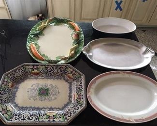 Japanese vegetable platter (repaired) $8; Stoneware Casserole $5; Wilton Pewter Platter $22; Antique English Oct-angular Platter $22; Royal Majestic Platter $8