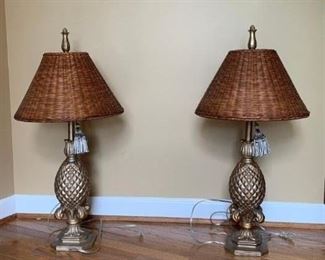 Pr of Resin and Painted Pineapple Lamps w Wicker Shades $85