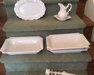 Ivory Ceramic Oven Proof Covered Casserole $15; Crown Decorated Platter $10; Grape Decorated Pitcher and Undertray $8; Pair Ivory Metal Sconces, non electrified $22
