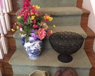 Blue and White Vase w Flowers $16; Metal Decorative Swirly Bowl $14; Vintage Japanese Ceramic Pitcher$14 ; Garden Angel Reading, small loss to foot $14
