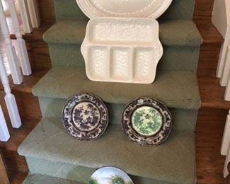 Portuguese Oval Platter $15; Basketweave Serving Tray $15; Pair of Black and White Antique Plates $35; Sweet Italian Covered Box $12; Japanese Decorated Plate $8
