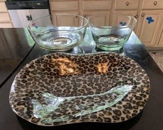 Etched Tall Ship Glass Bowl $12; Hand Blown Glass Bowl $6; Leopard Print Platter $4