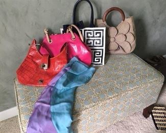 Dooney Bourke Red Shoulder Bag $85; Italian Silk Blue and Lavender Scarf $18; Mar y Sol Purse $88
