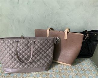 BCBG Taupe Quilted Bag $15; Monogrammed Tote $15; Black Ann Klein $15