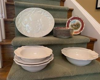 White Oval Fruit Embossed Platter $14 ; Set of 4 White Ceramic Serving Bowls with Beaded Rim $32
