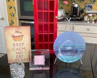  “Keep Plaque” $4; Wedgwood Glass Plate, Box $14; Waterford Etched Frame $10; S/2 Pewter and Glass Grapevine Votive Holders $16
