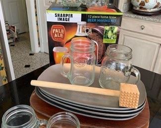 Fajita and Beer Lot Including: Sharper Image Beer Making Kit, 6 Mason Jars and 4 California Metal Trays with Wooden Trivets ($55)