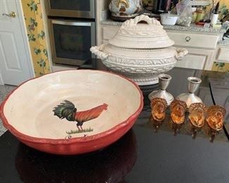 Ivory Ceramics Lidded Tyrian $10; Raymond Waites Rooster Bowl $10; Pair of Sterling Weighted Candlestick Holders $10; Set of 4 Turkey Glass Molded Taper Holder $10
