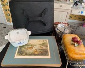 Pampered Chef Casserole Carrier $12; Corning Lidded Casserole $5; Set of 4 Pimpernel Place mats $10; Glass Serving Tray ( not for oven use) together with Two Tiered Steamer $5; American Ceramic Lidded Bread Pudding Server $10
